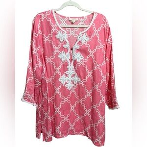 Charter Club Luxury Pink Embroidered Linen Tunic Top‎ Boho Coastal Style Sz XL